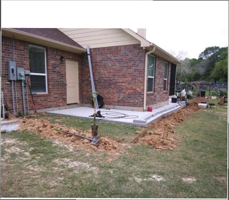 Harrison & Sons Electrical — new residential service drop with trenched conduit runs to a back-yard patio addition